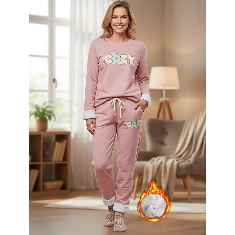 Women's Elegant Warm Fashion Two Piece Sets Tracksuit Pants Sets Long Sleeve Crew Neck Letter Print Outdoor Vacation Daily Black Pink Dark Pink Spring Regular Fit