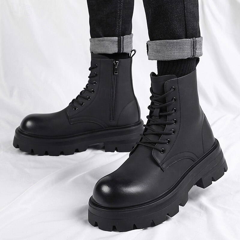 Black Faux Leather Men's Lace-Up Boots with Wing Pattern, Rugged Sole, and Military-Inspired Design – Best for Harley Riders, Outdoor Adventures, Casual Fashion and Urban Street Style3