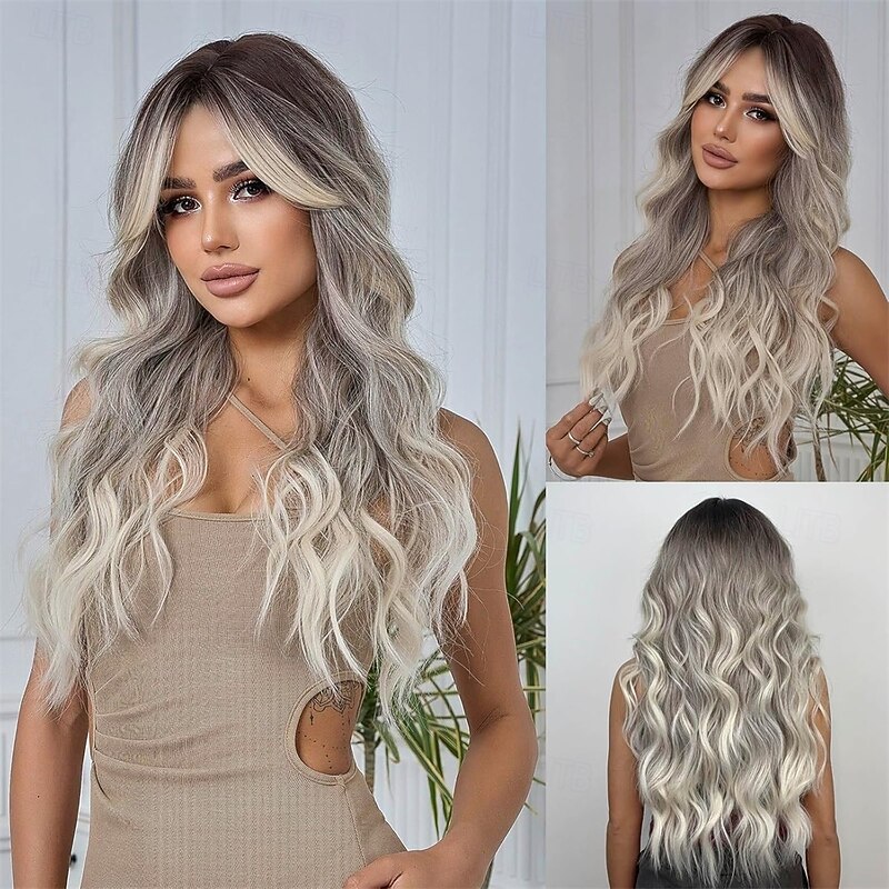 Women Long Ombre Grey Wavy Wigs with Black Root 26 Inch Wigs Natural Looking Synthetic Heat Resistant Fiber Wig for Daily Party Use