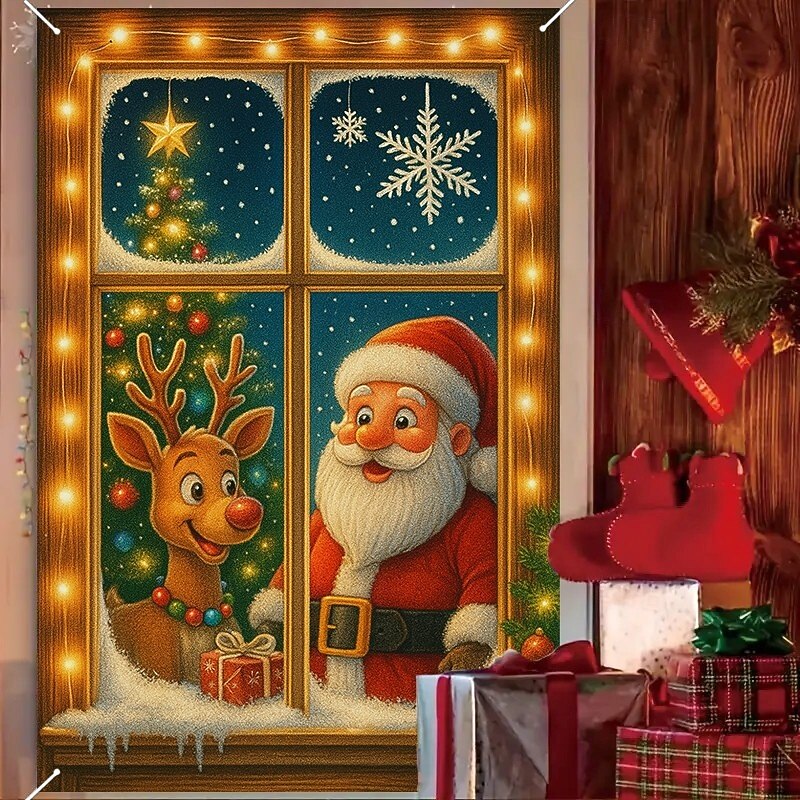 Christmas Santa with Reindeer Curtain, 2025 Xmas Festive Window Curtain Door Cover for Holiday Home Decor, Kids Room, Party Hanging Tapestry3