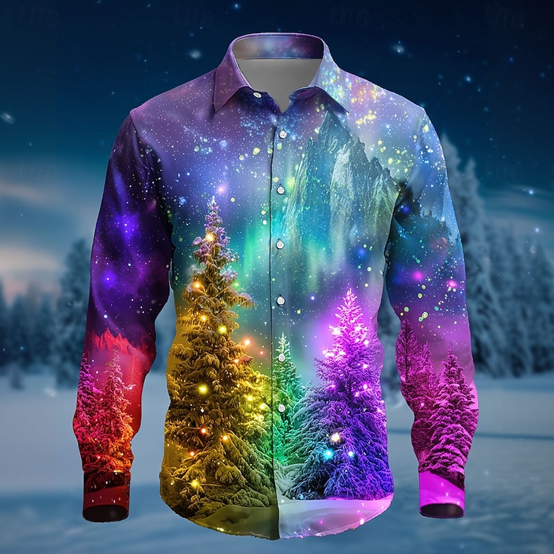 Christmas Men's Christmas Tree Aurora Christmas Costume Shirt Button Up Shirt Long Sleeve Funny Outdoor Holiday Spring Fall Turndown 3D Print Collared Shirts Blue 1# Blue Purple Green Dark Purple