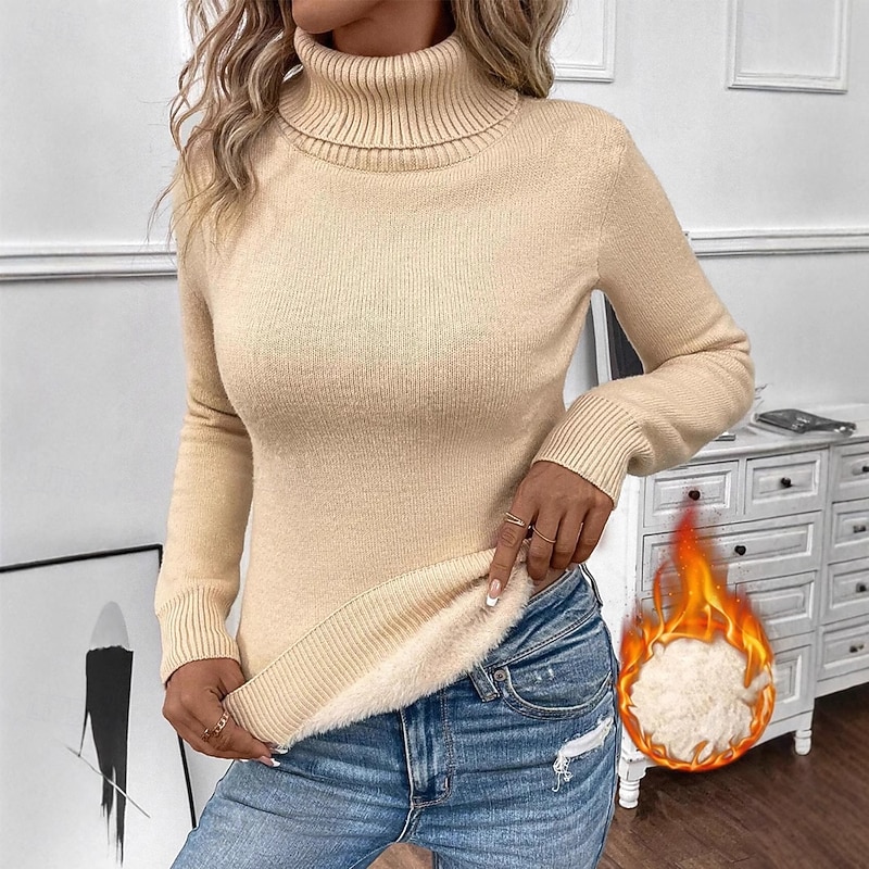 Women's Sweater Casual Soft Pure Color Ribbed Turtleneck Knitted Long Sleeve Regular Tops Knit Outdoor Daily Weekend Black White Fall Winter3