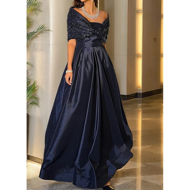 Formal Cape Dress Evening Gown Dark Navy Beaded Elegant Dress Formal Wedding Floor Length Sleeveless Off Shoulder Lace with Bow(s) Pleats 2025