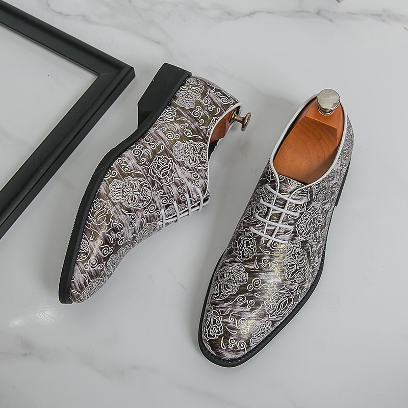 Men's Gothic Lace-Up Oxford Shoes – Metallic Silver Pattern with Mask Motif, Vintage Punk Style Dress Shoes for Parties, Halloween and Stage Performances2