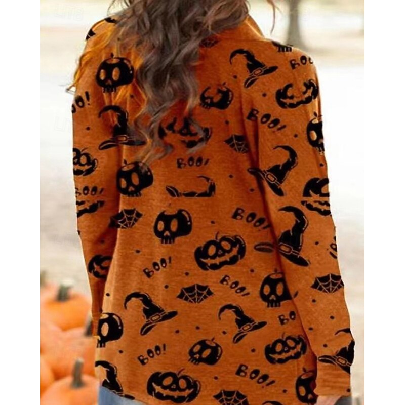 Women's Winter Coat Warm Comfortable Print Casual Halloween Skull Halloween Going out Weekend Cardigan Regular V Neck Regular Fit Long Sleeve Outerwear Orange Light Grey Dark Gray Fall Winter4