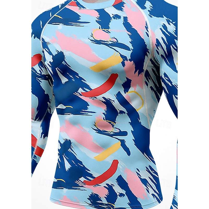 Men's Compression Shirt Running Shirt 3D Print Long Sleeve Base Layer Geometric Quick Dry Compression Power Flex Moisture Wicking Gym Workout Active Training Exercise Sportswear Activewear Blue3