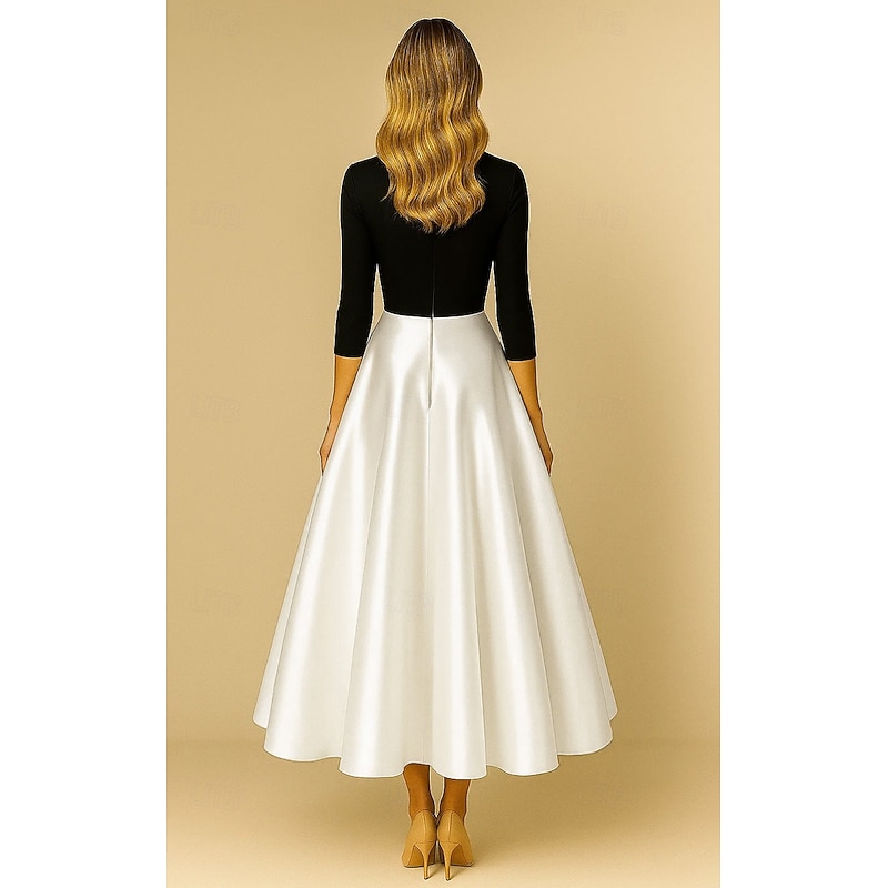 Black and White A-Line Cocktail Dresses Elegant Formal Dress Formal Wedding Tea Length Midi Length  3/4 Length Sleeve Notch lapel Stretch Crepe Top Satin Skirt with Pleats 20252