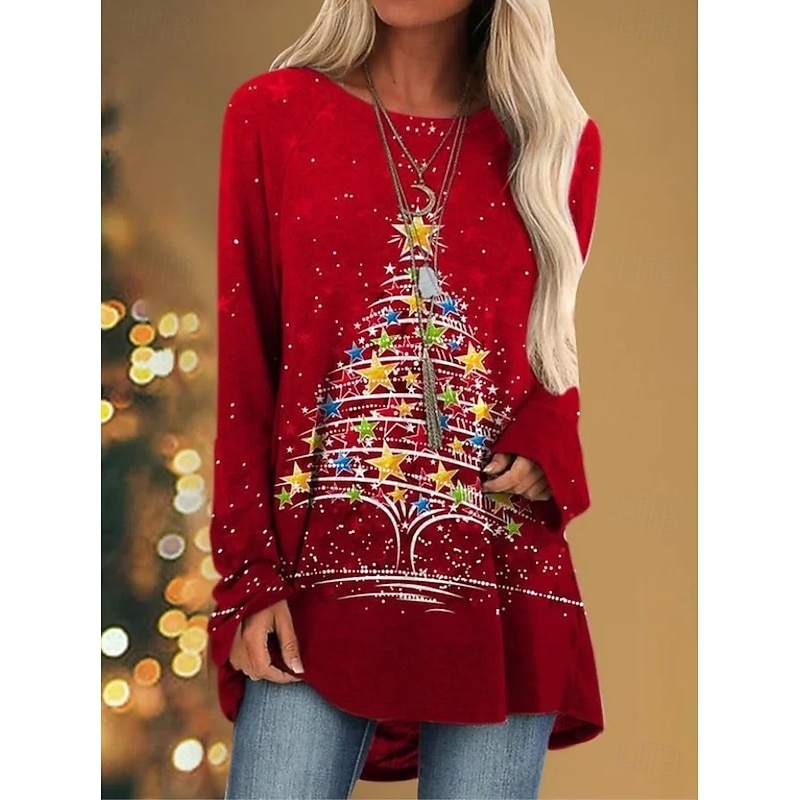 Christmas Women's T Shirt Graphic Santa Claus Christmas Tree Vintage Stylish Classic Long Sleeve Crew Neck Round Neck Long Tops Daily Going out Weekend Print Black Red Gray Spring Fall Winter