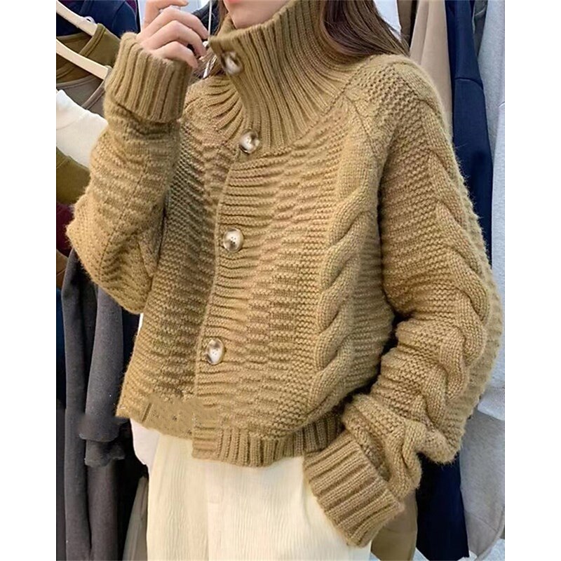 Women's Sweater Cardigan Fashion Streetwear Casual Pure Color Ribbed Turtleneck Pocket Knitted Long Sleeve Regular Tops Knit Outdoor Daily Weekend Black White Fall Winter3