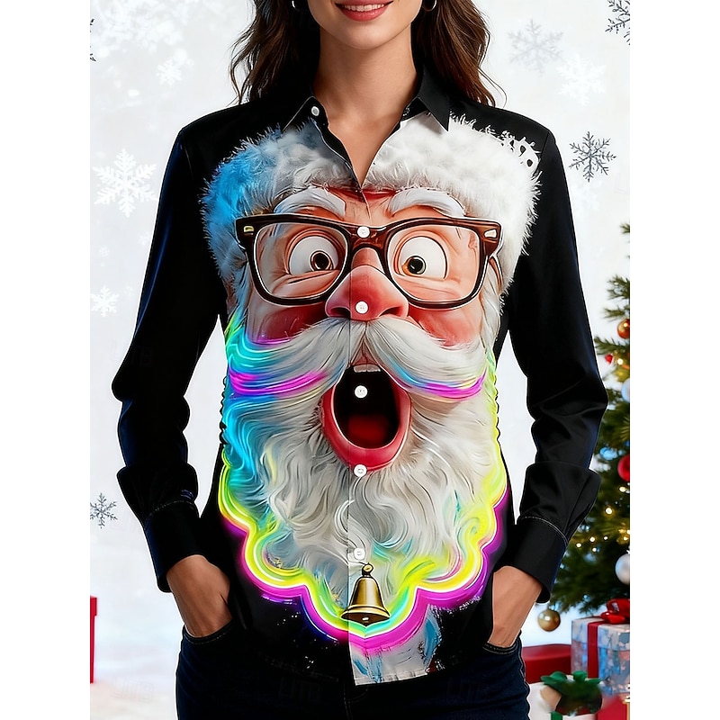 Christmas Women's Shirt Graphic Santa Claus Elegant Vintage Tropical Long Sleeve Shirt Collar Regular Tops Work Daily Holiday Black Red Blue Fall Winter3