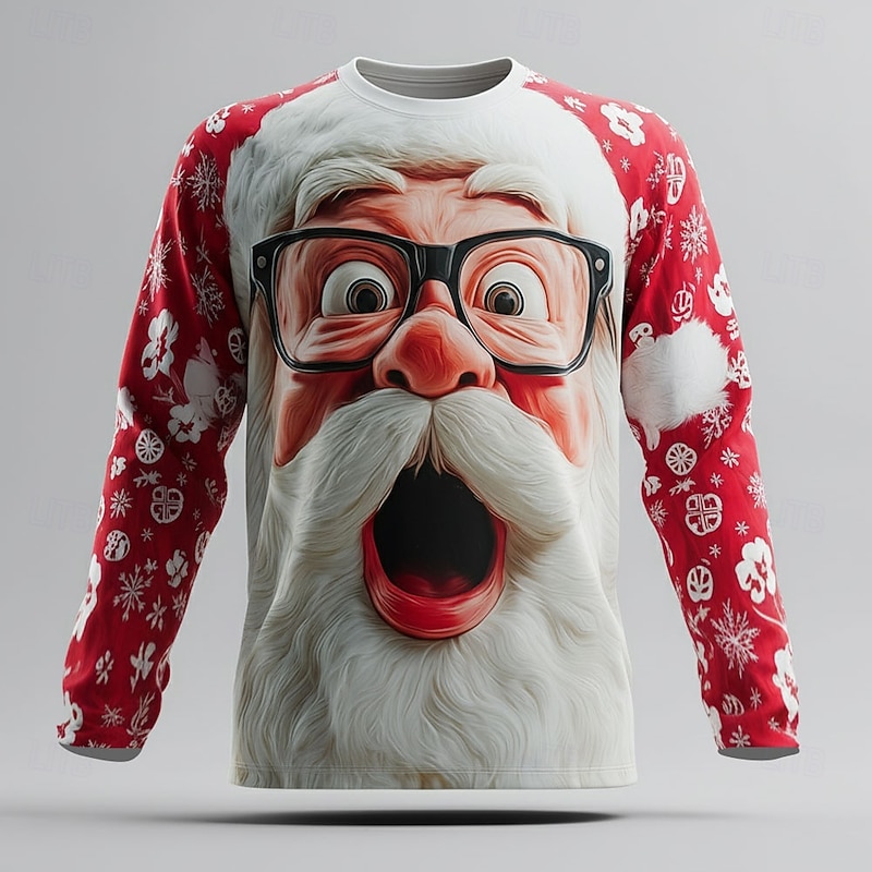 Christmas Men's Santa Claus 3D Funny T Shirt Long Sleeve T shirt 3D Print Crew Neck Shirt Fashion Basic 3D Street Casual Daily Black Red Red 2 Summer Spring Clothing Apparel S M L XL XXL XXXL