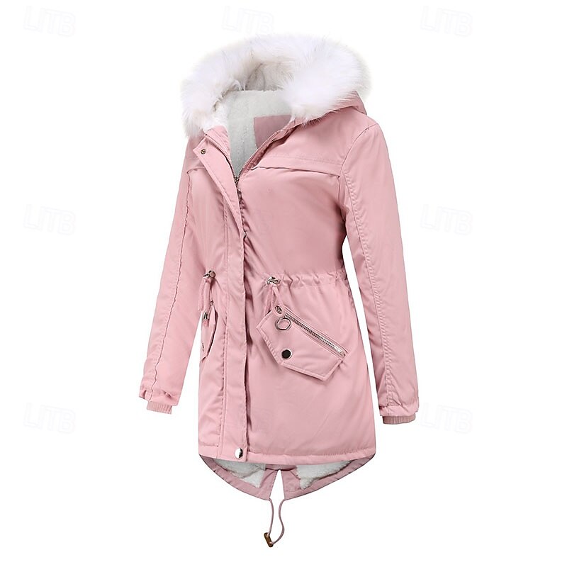 Women's Winter Coat Parka Warm Comfortable Zipper Pocket With Belt Casual Plain Vacation Street Casual Daily Wear Long Hooded Regular Fit Long Sleeve Outerwear Navy Black Pink Fall Winter3