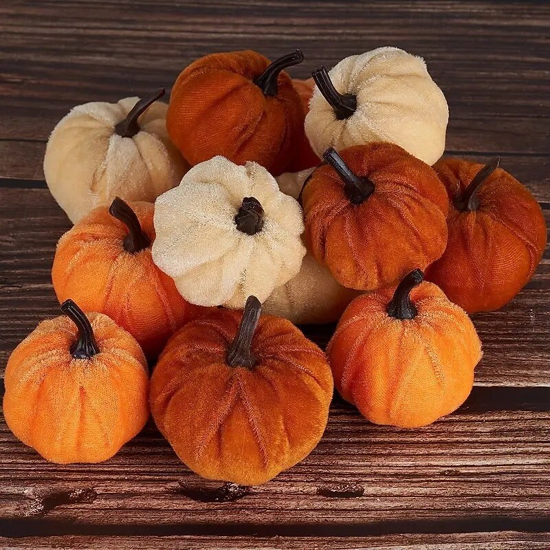 Fall Thanksgiving Velvet Artificial Pumpkins Set, 10pcs Elegant Autumn Harvest Decorations for Halloween Party, Farmhouse Home Decor, Seasonal Table Centerpieces2