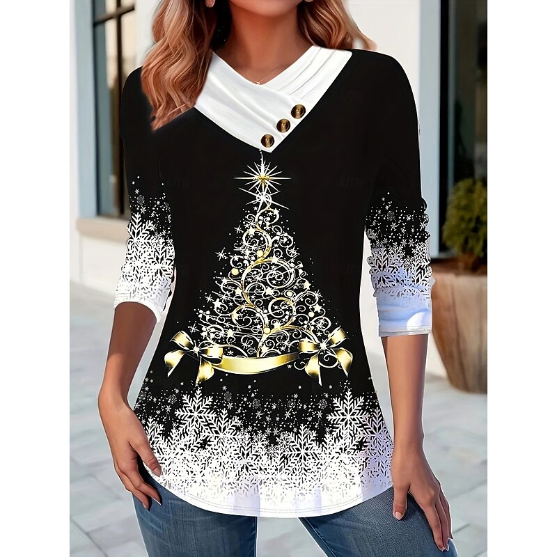 Christmas Women's T Shirt Graphic Christmas Tree Vintage Stylish Classic Long Sleeve V Neck Regular Tops Daily Buttons Print Asymmetrical Black Red Blue Green Spring Fall Winter3