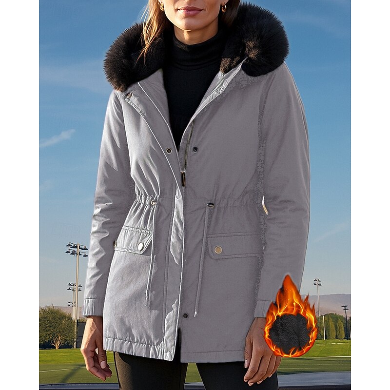 Women's Hooded Fleece Jacket Winter Coat Pocket with Fur Hood Long Sleeve Top Athleisure Fall Solid Colored Cotton Windproof Thick Warm Outdoor Travel Vacation Sportswear Activewear Black Pink Green4