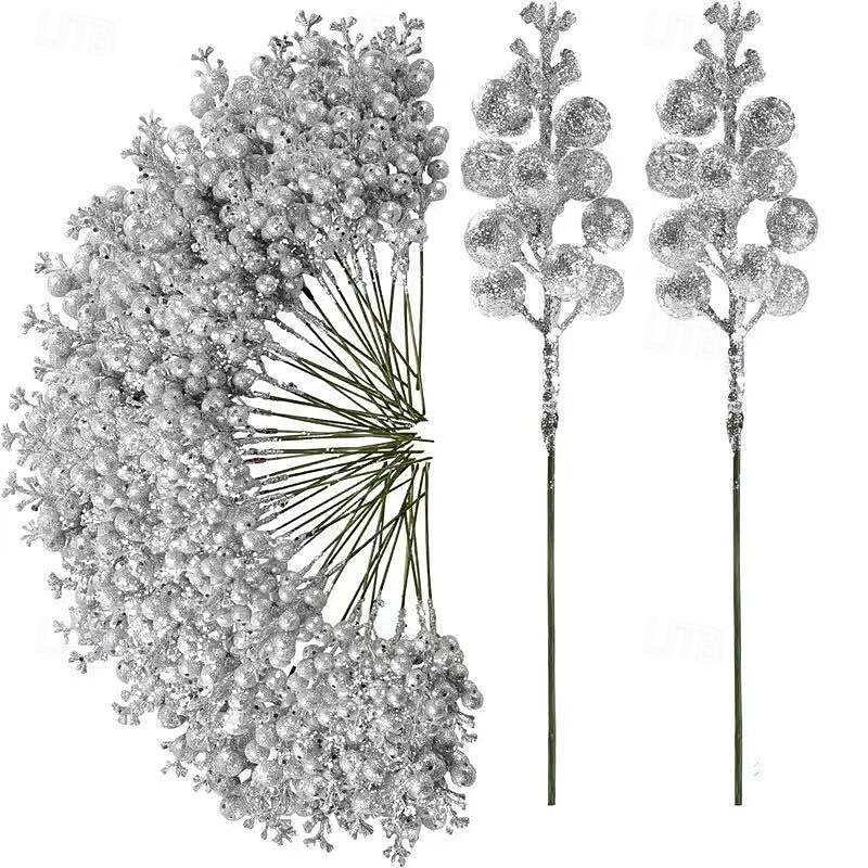 12pcs Christmas Berry Stems, Glitter Gold Poinsettia Branches with Berries and Leaves, Elegant Plastic Flowers for Xmas Tree, Wreath, Holiday Party and Home Decorations3