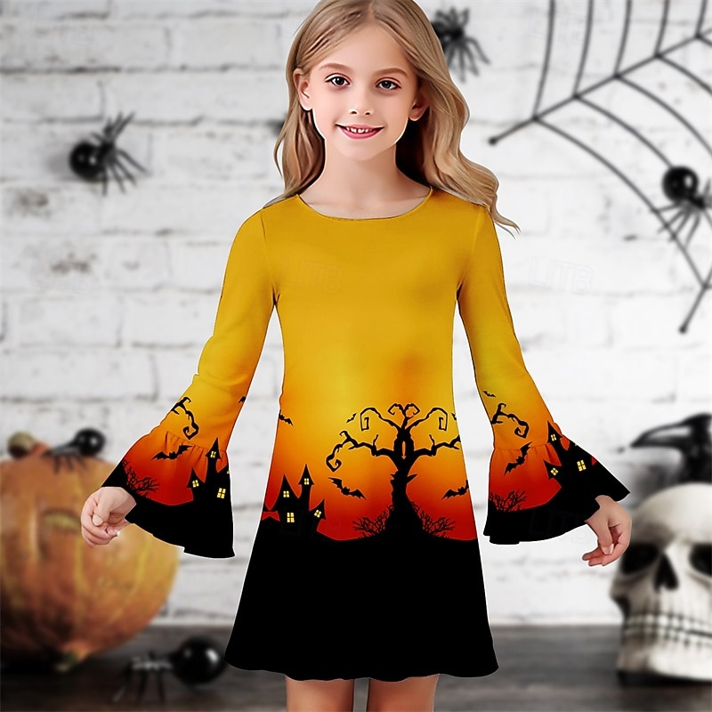 Halloween Girls' 3D Graphic Pumpkin Dress Ruffle Dress Long Sleeve Summer Spring Vacation Daily Holiday Beautiful Sweet Kids 4-12 Years Casual Dress Knee-length Regular Fit
