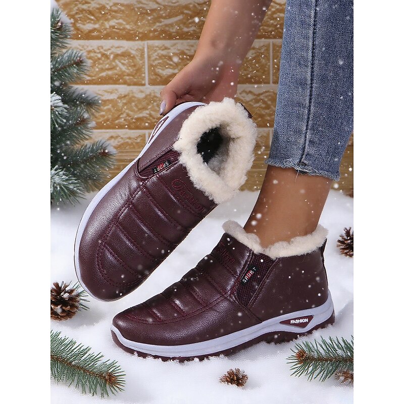 Women's Burgundy Waterproof Snow Boots with Faux Fur Lining – Warm Ankle Boots for Winter Outdoor Wear