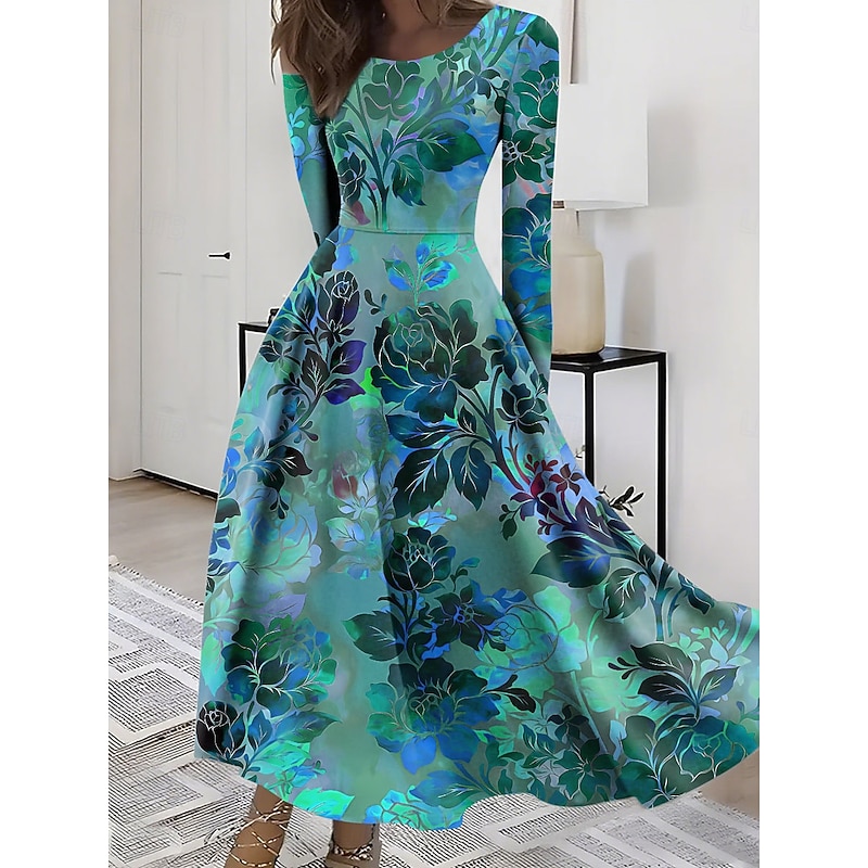 Women's Midi Dress A Line Dress Fit And Flare Dress Vacation Casual Boho Party Daily Going out Regular Fit Floral Graphic Long Sleeve Crew Neck Red Blue Purple Green Summer Spring Fall Winter2