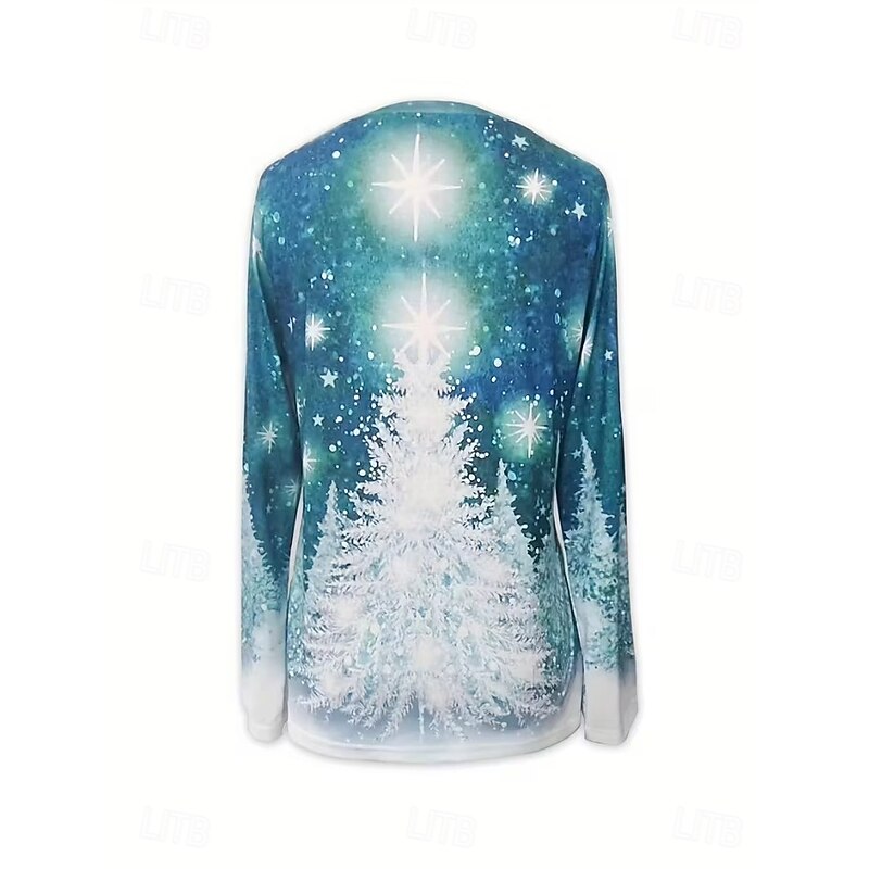 Christmas Women's T Shirt Graphic Snowman Vintage Stylish Classic Long Sleeve V Neck Regular Tops Daily Print Black and White Blue Green Beige Spring Fall Winter4