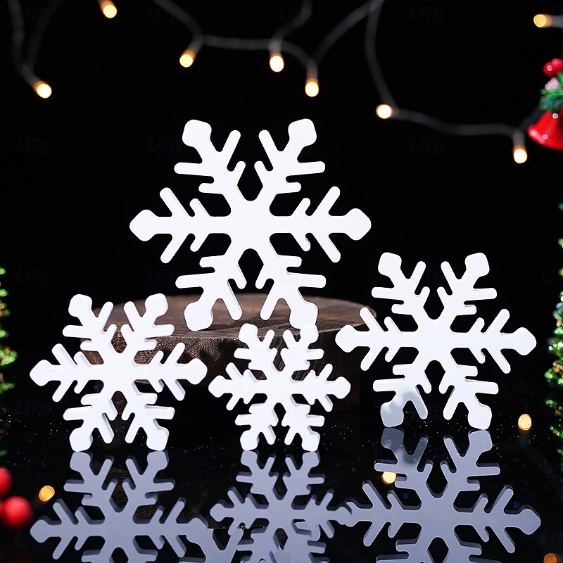 4pcs Christmas Snowflake Ornaments Set, White PVC Board Tabletop Decorations for Xmas Holiday Party, Home Décor & Gift4