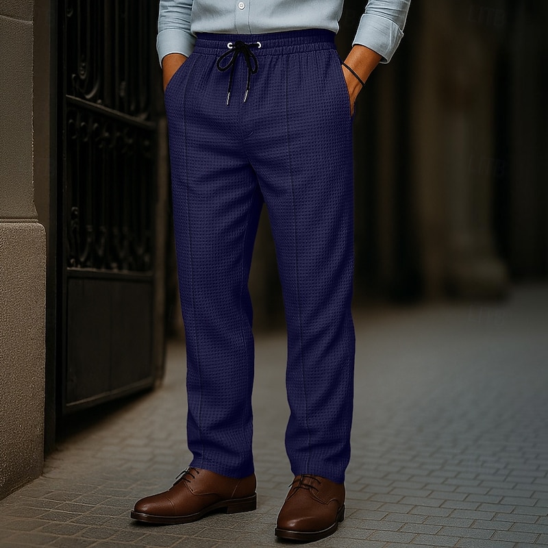 Men's Waffle Trousers Baggy Pants Buttons Plain Wearable Full Length Outdoor Daily Camping & Hiking Vacation Fashion Black White