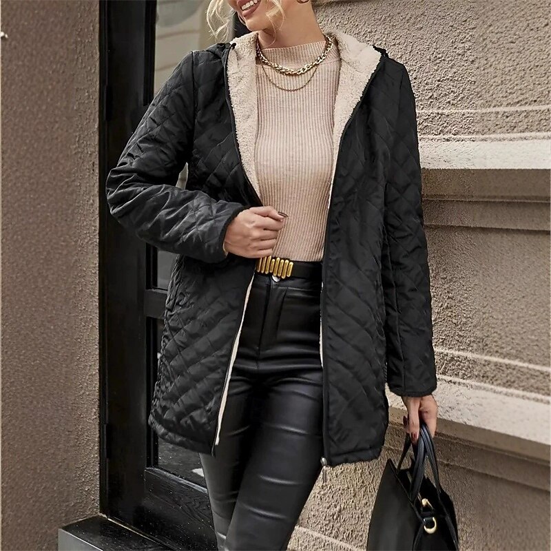 Women's Puffer Jacket Quilted Jacket Casual Jacket Comfortable Breathable Zipper Pocket Casual Plain Vacation Street Casual Daily Wear Zipper Long Hooded Regular Fit Long Sleeve Outerwear Black3