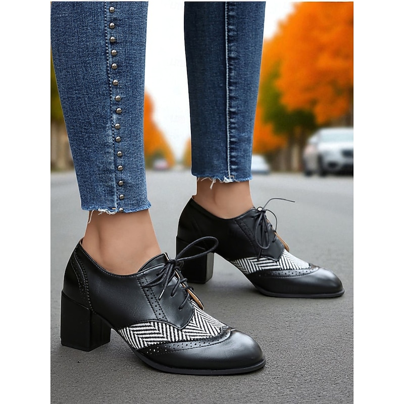 Women's Black Herringbone Oxford Chunky Heel Shoes – 1950s Vintage Faux Leather Brogue Lace-Up Pumps for Work, College and Street Style2