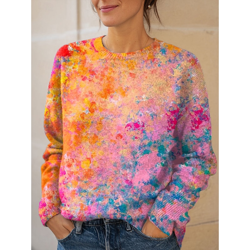 Women's Sweater Pullover Daily Casual Graphic Color Gradient Ribbed Crew Neck Knitted Print Long Sleeve Regular Tops Knit Outdoor Weekend Orange Fall Winter