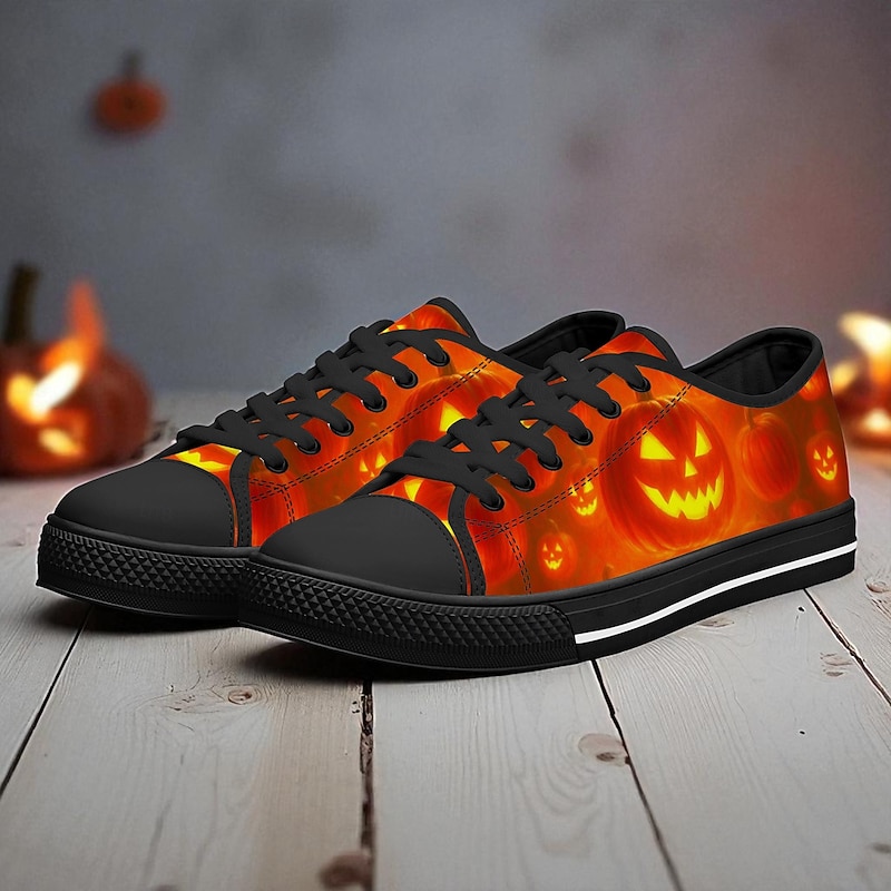 Men's Halloween Pumpkin Low Top Sneakers – Glow Effect Canvas Lace-Up Shoes for Party, Nightlife and Casual Wear