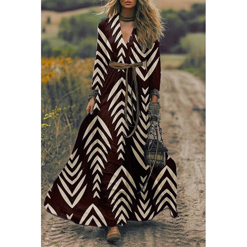 Women's Maxi Dress A Line Dress Pleated Dress Fit And Flare Dress Boho Date Going out Loose Fit Floral Graphic Long Sleeve V Neck Purple Brown Green Spring Fall Winter Autumn3