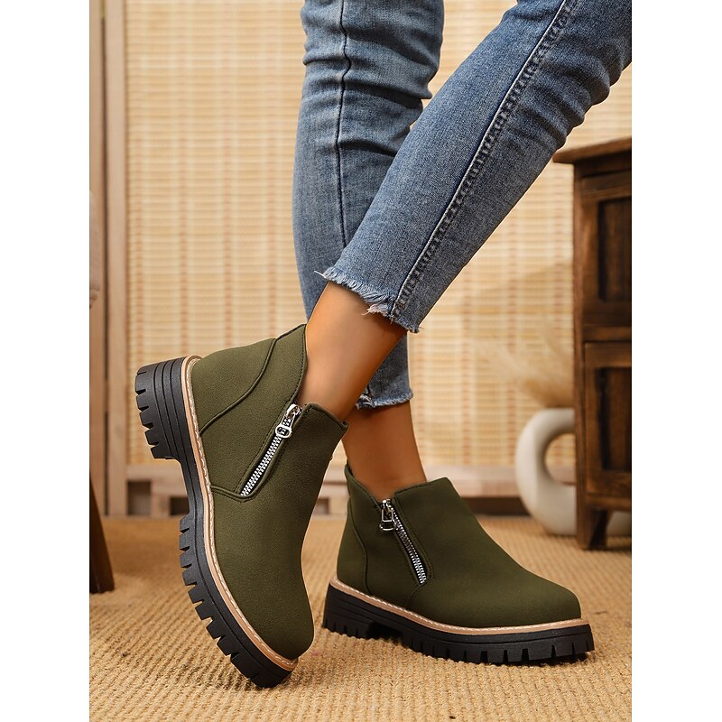 Women's Boots Combat Boots Daily Chunky Heel Round Toe Casual Suede Zipper Black Light Pink Army Green4