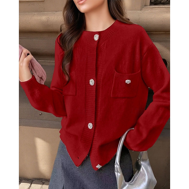 Women's Sweater Cardigan Streetwear Casual Solid Color Floral Crew Neck Pocket Buttons Knitted Long Sleeve Regular Tops Knit Daily Holiday Going out Black White Spring Fall3