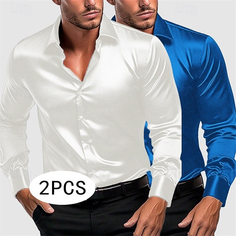 Men's Shirt Satin Shirt Dress Shirt Casual Shirt Button Up Shirt Plain Formal Wedding White+Green White+Black White+Blue Blue+Green Long Sleeve Lapel Spring &  Fall All Seasons Clothing Apparel