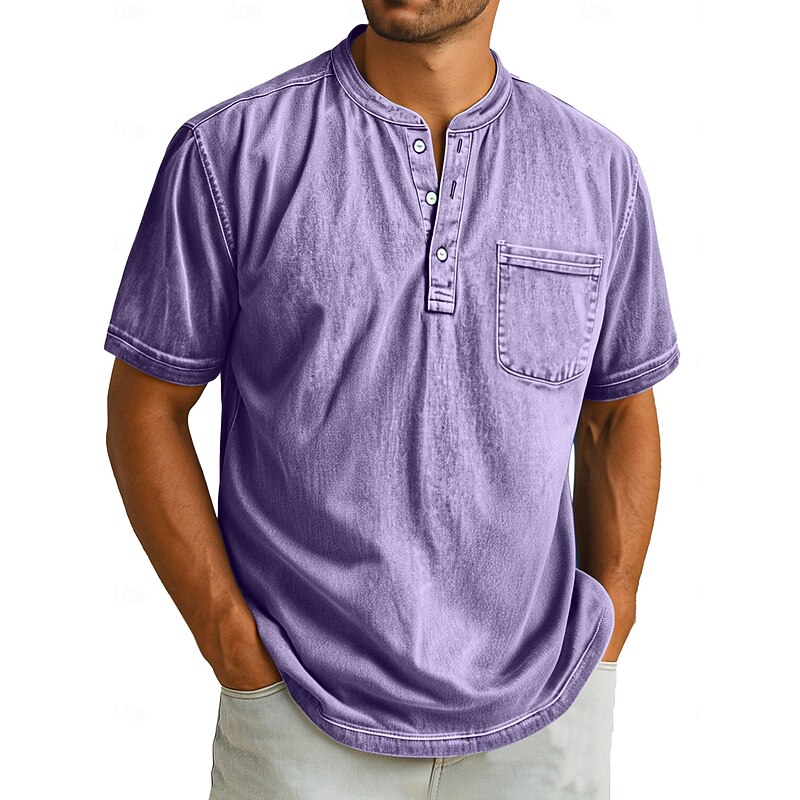 Men's Henley Shirt Tee Top Short Sleeve Plain Retro Vintage Casual Button Up Washed Henley Casual Summer Pink Light Blue Purple Henley T-Shirt