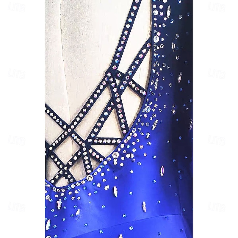 Figure Skating Dress Women's Girls' Ice Skating Dress Blue+Light Blue Patchwork Thumbhole Spandex High Elasticity Training Professional Competition Skating Wear Classic Crystal / Rhinestone Long3