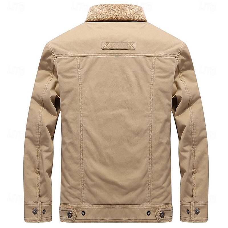 Men's Graphic Cross Bomber Jacket Sherpa Jacket Thermal Warm Vintage Casual Outdoor Home Multiple Pockets Cotton Jackets Winter Coats Fall Winter Fleece Turn-Down Collar Long Sleeve khaki2
