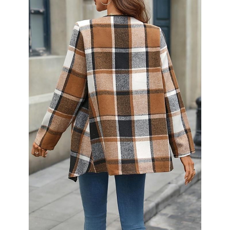 Women's Casual Jacket Comfortable Breathable Print Open Front Casual Plaid Vacation Street Casual Daily Wear Open Front Regular Turndown Regular Fit Long Sleeve Outerwear Red Apricot Spring Fall3