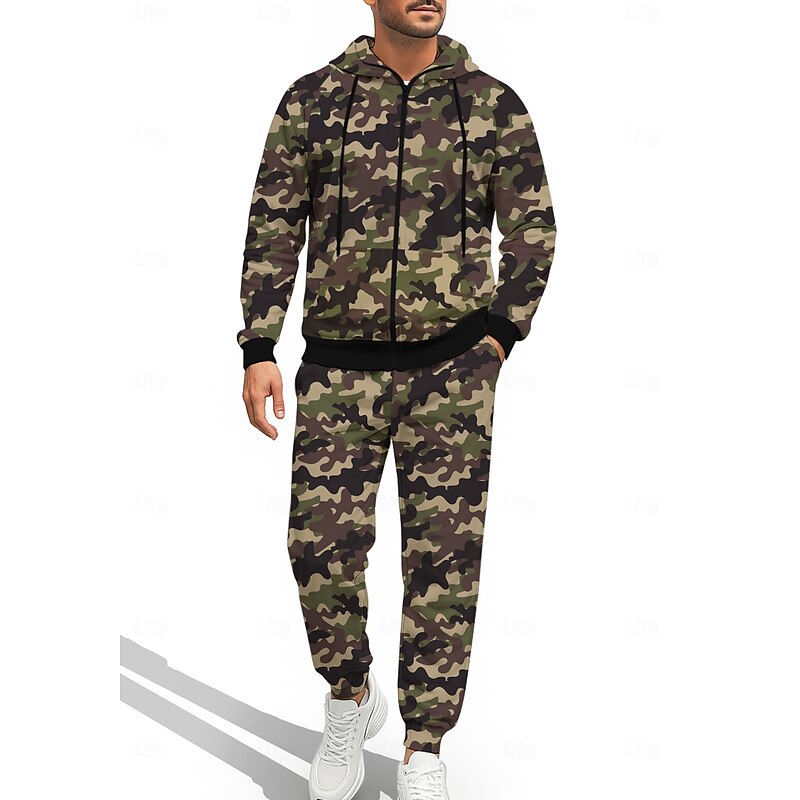 Men's Hoodie Tracksuit Zip Hoodie Drawstring Pockets Camouflage Pants Hoodie Sweatshirt Fall Army Green Camouflage Brown Gym Workout Casual Basketball Baggy Long Sleeve Sport Activewear Stretchy4