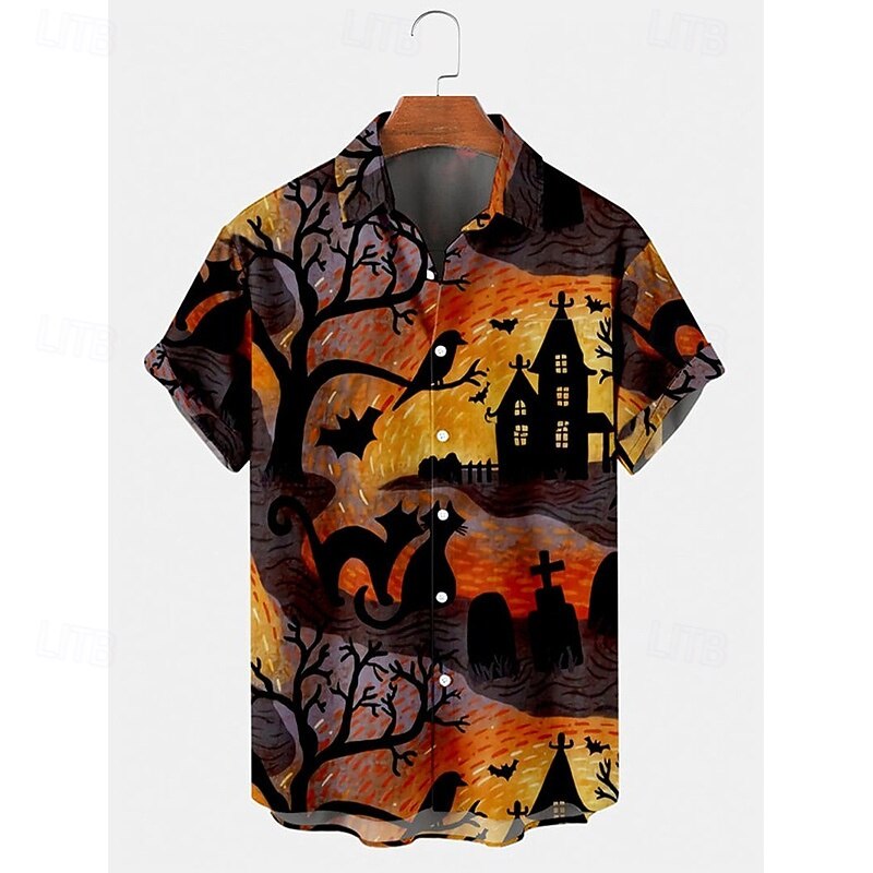 Halloween Men's Grimace Lantern Face Shirt Summer Shirt Casual Shirt Short Sleeves Horror Vacation Daily Wear Theme Party Spring & Summer Lapel Print Black 4 Black 1 Black 3 Navy Blue Black 22