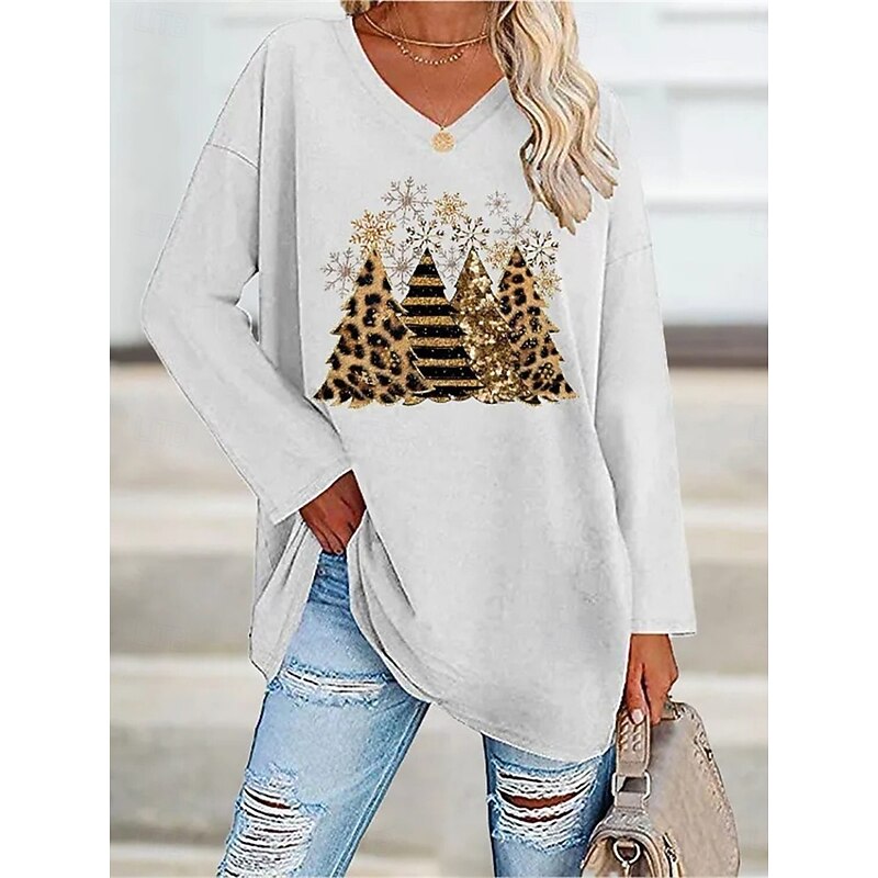 Christmas Women's Blouse Snowman Snowflake Stylish Beach Long Sleeve V Neck Regular Tops Daily Print White Navy Blue Purple Green Gray Spring Fall Winter2
