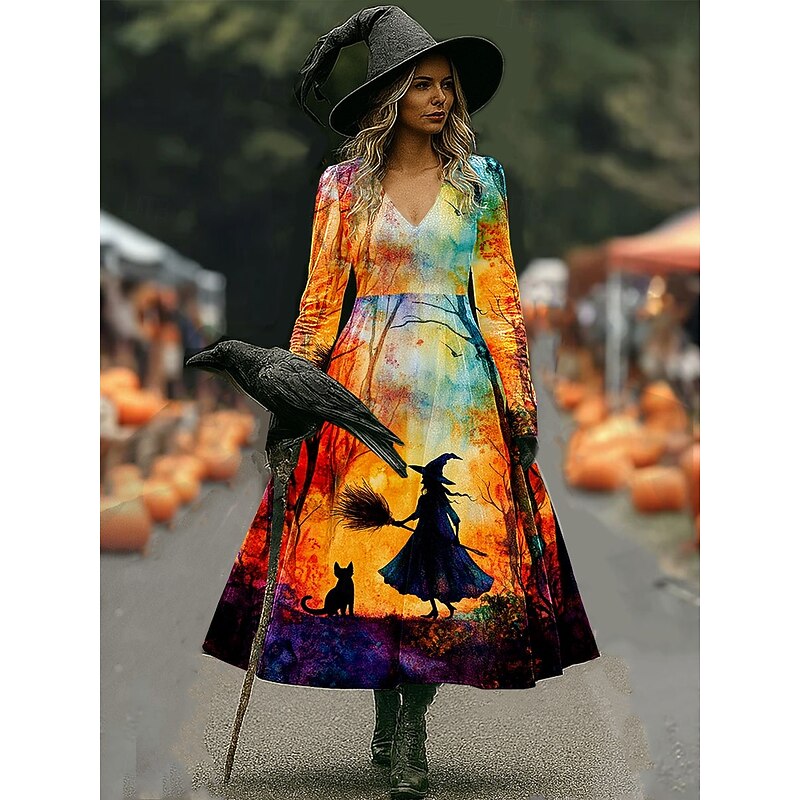 Halloween Women's Witch Print Midi Dress A Line Dress Vacation Casual Wedding Party Birthday Regular Fit Floral Graphic Rose 3/4 Length Sleeve V Neck Yellow Pink Blue Orange Spring Fall