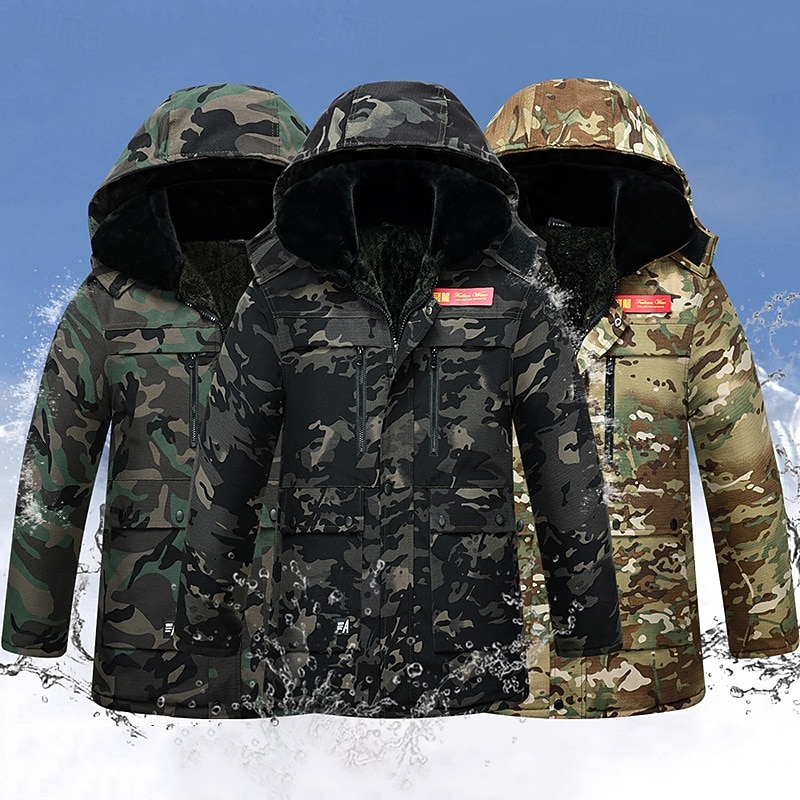 Men's Hiking Jacket Fleece Jacket Puffer Jacket Thermal Set Winter Outdoor Camo Thermal Warm Top Army Green Green Khaki