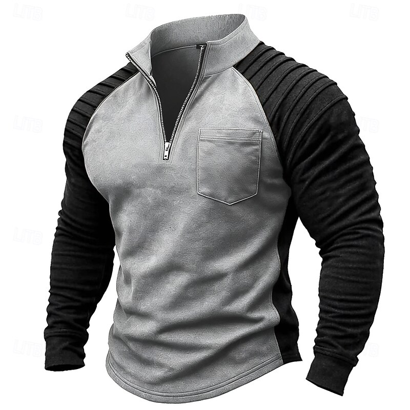 Men's T Shirt Long Sleeve Stand Collar Fall Winter Spring &  Fall Color Block Vintage Daily Casual Ruched Zipper Color Block Outdoor Causal Casual Brown Gray Green Top Tee for Men4