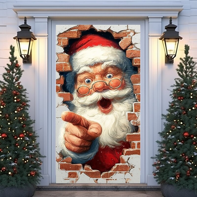 Christmas Door Cover Winter Holiday Curtain Decoration Festive Drapes Featuring Santa Claus Breaking Through Wall With Merry Christmas Print Large Fabric Panel For Home Bedroom Living Room Entryway De2