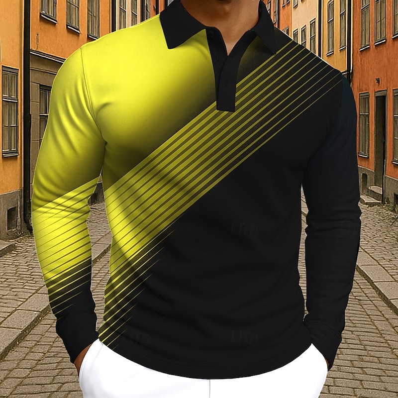 Men's Gradient Geometic Polo Long Sleeve Polo Shirts Lapel Casual Street Athleisure Daily Wear 3D Print Buttons Spring Fall Winter Lake blue Yellow Red3