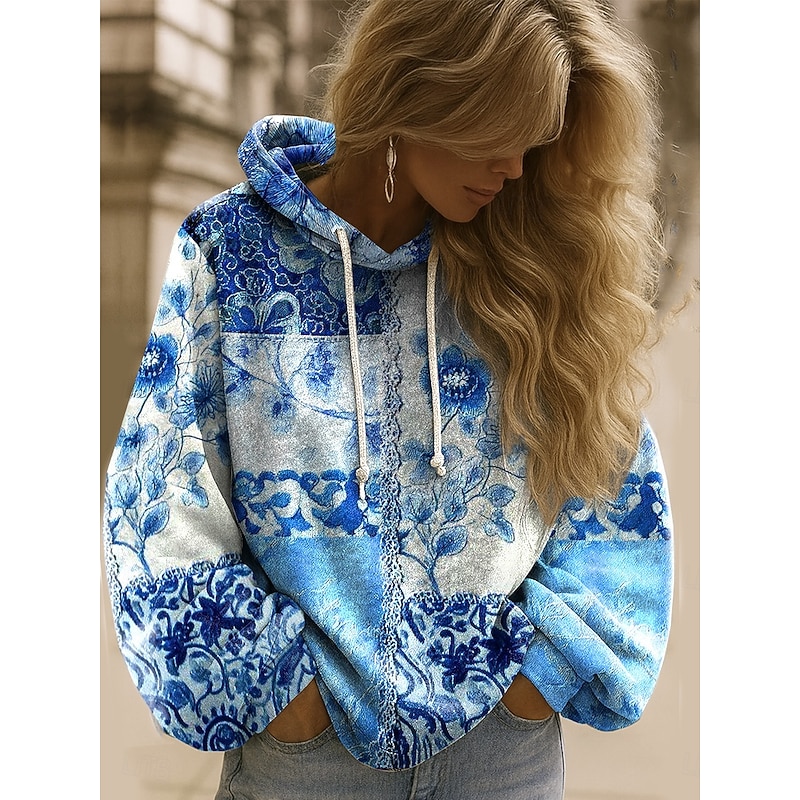 Women's Pullover Hoodie Sweatshirt Floral Graphic Elegant Warm Active Long Sleeve Hooded Regular Tops Street Dailywear Casual Patchwork Print Blue Dark Blue Light Blue Spring Fall Winter - Main Image
