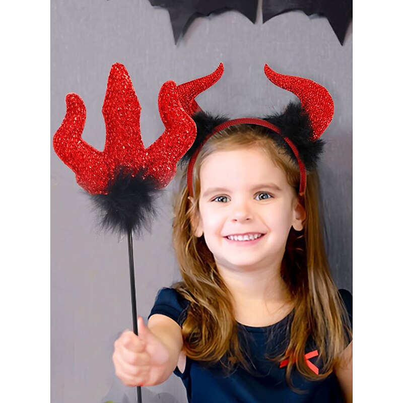 Women's Halloween Devil Headband with Red Horns and Matching Trident Wand - Sparkly Costume Accessory Set for Party, Cosplay, and Masquerade Events