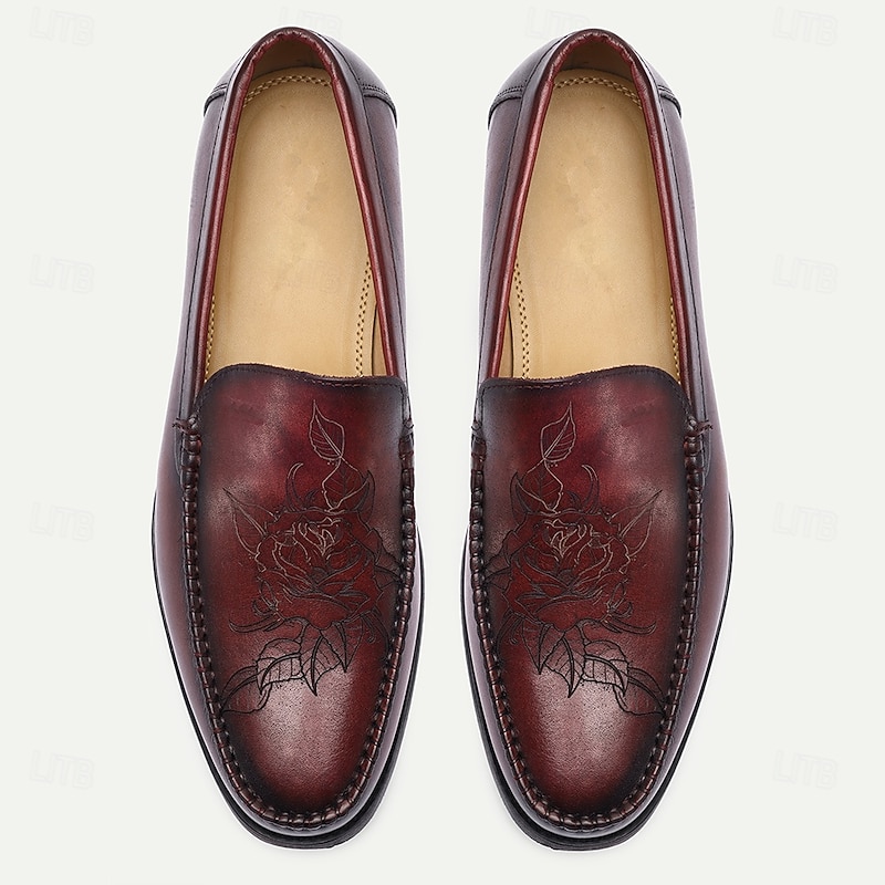 Men's Burgundy Genuine Leather Loafers – Classic Embossed Slip-On Dress Shoes for Office, Parties and Formal Occasions4