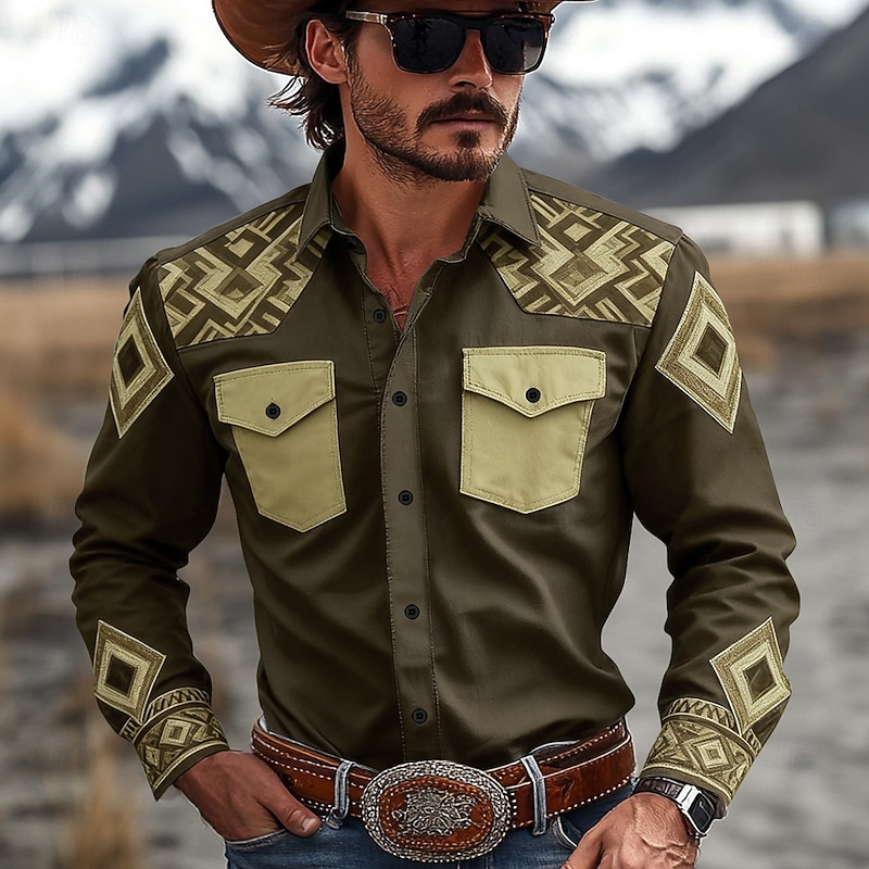 Men's Geometric Aztec Ethnic Western Shirt Button Up Shirt Cowboy Shirt Long Sleeve Vintage Retro Outdoor Daily WorkWear Fall & Winter Turndown 3D Print Front Two Pockets Linen Like Shirt Army Green2